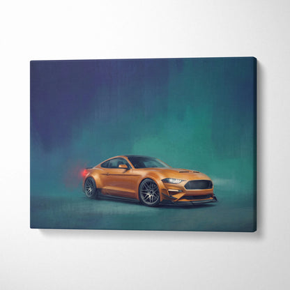 Orange ford mustang gt inspired car wall art canvas print with sleek design black rims and aggressive front grille for office decor