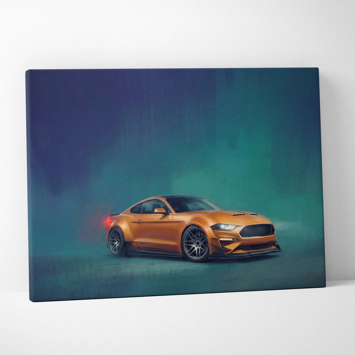 Orange Ford Mustang GT inspired canvas print with sleek black rims and glowing red taillights for office decor