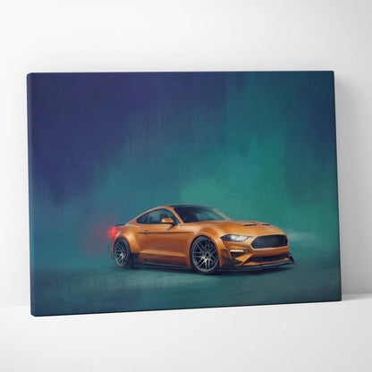 Orange Ford Mustang GT inspired canvas print with sleek black rims and glowing red taillights for office decor