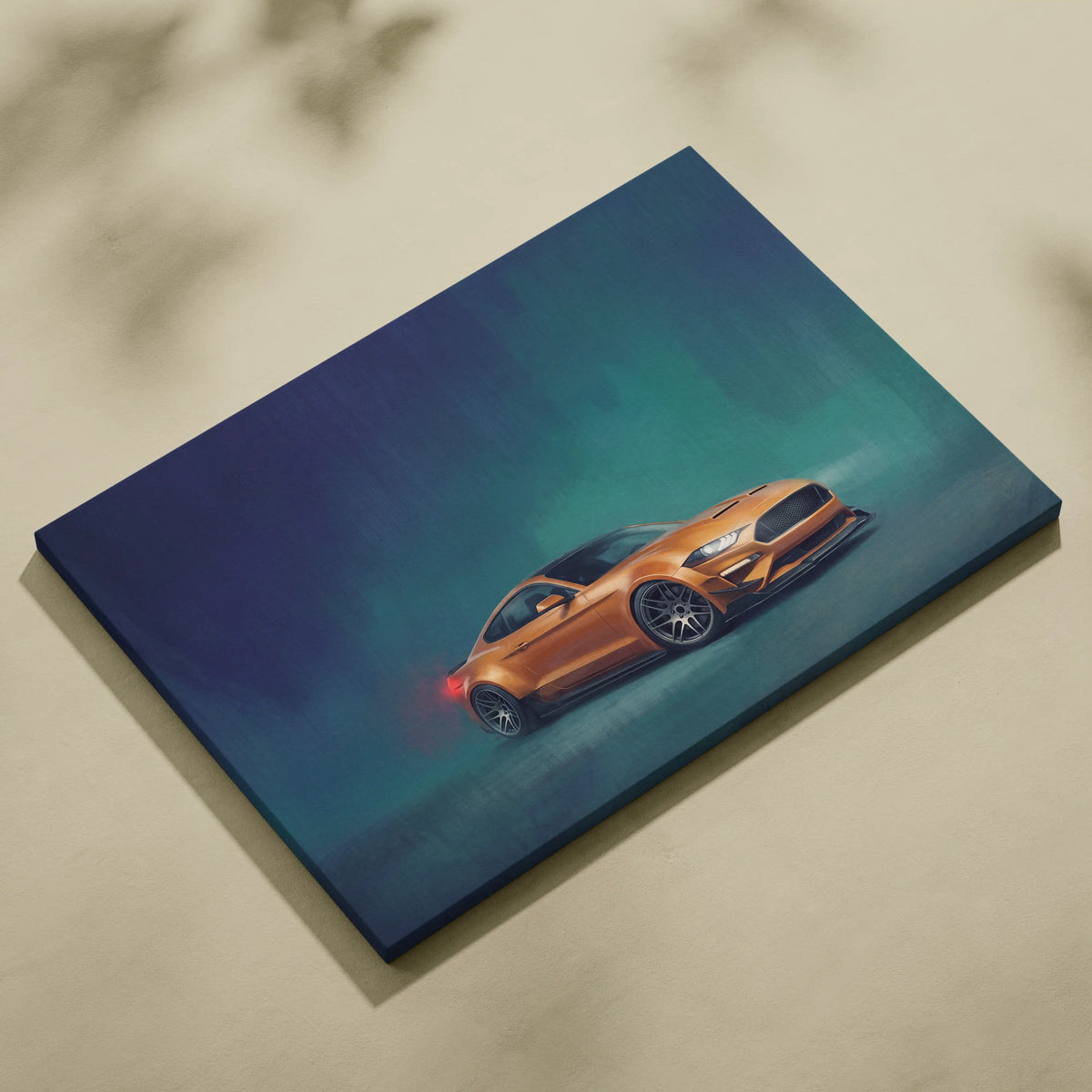 Orange Ford Mustang GT inspired sports car illustration on stretched canvas with dark blue teal gradient background for office decor