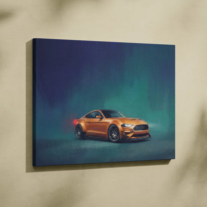 Orange ford mustang gt inspired performance tuner canvas print with sleek design on dark blue to teal gradient background