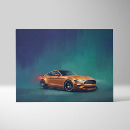 Orange ford mustang gt inspired car wall art with glowing teal and purple effects performance tuner canvas print
