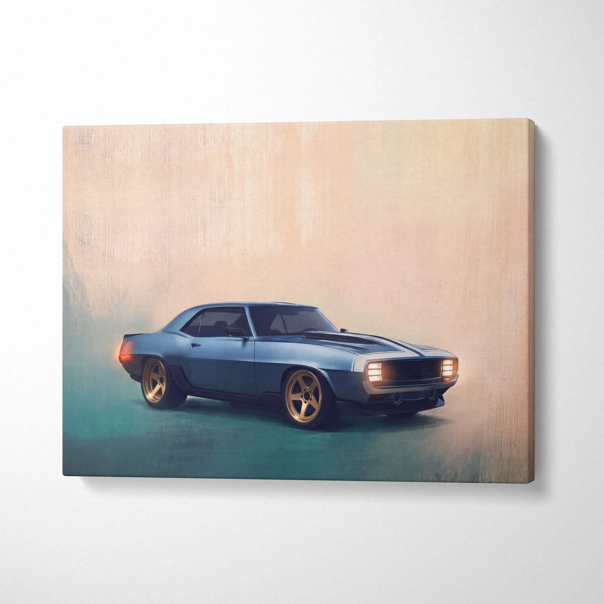 Chevrolet Camaro inspired blue metallic muscle car canvas art with gold rims classic wall painting for living room
