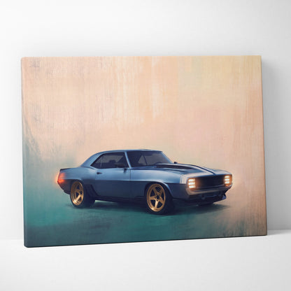Blue Chevrolet Camaro inspired canvas art with gold rims and black racing stripes classic muscle car wall painting