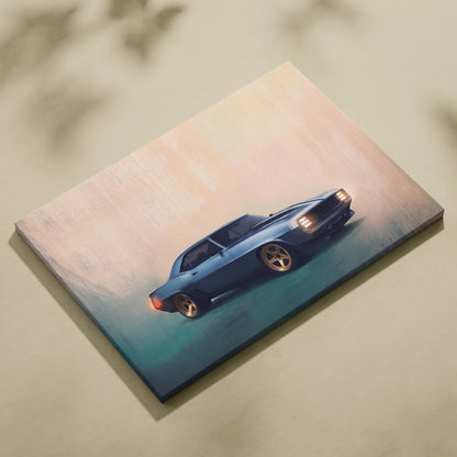 Blue vintage muscle car canvas print with gold rims and glowing headlights for living room wall art inspired by Chevrolet Camaro