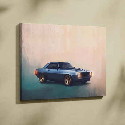Blue classic muscle car canvas art featuring glossy finish and gold-rimmed wheels for living room wall decor