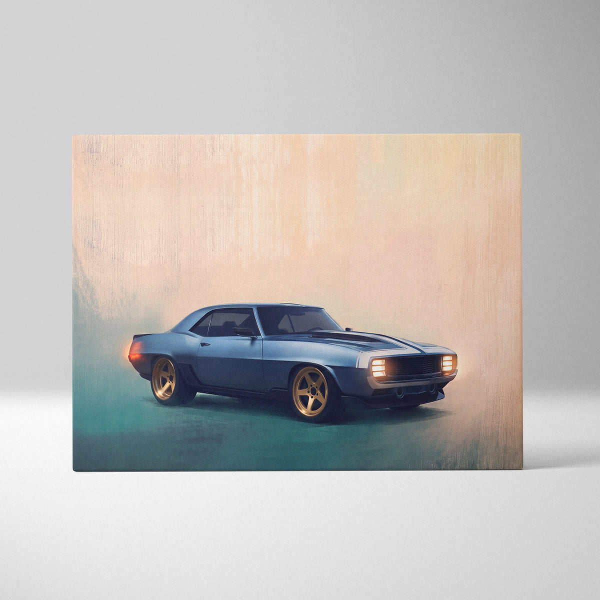 Chevrolet camaro inspired canvas art featuring a blue metallic muscle car with gold rims and black racing stripes for living room decor