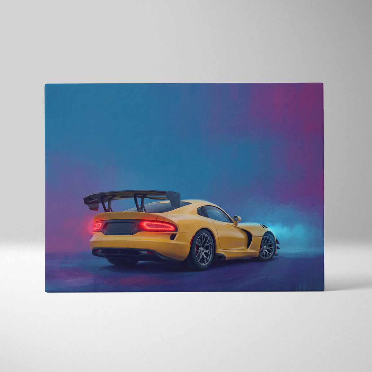 A vibrant yellow dodge viper srt inspired canvas art with black rear spoiler and glowing red taillights against blue sky