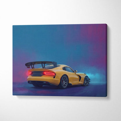 Yellow dodge viper srt inspired sports car canvas print featuring glowing red taillights and rear spoiler wall decor