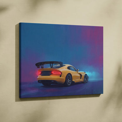 Dodge viper SRT inspired canvas art of vibrant yellow sports car with black spoiler and glowing red taillights against blue purple sky