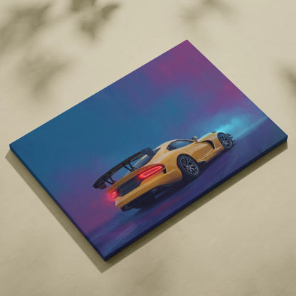 Yellow dodge viper srt inspired canvas art with glowing red taillights and purple blue gradient sky wall decor