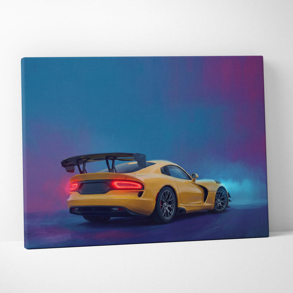 Vibrant yellow dodge viper srt inspired canvas art featuring glowing red taillights and rear spoiler against blue purple sky