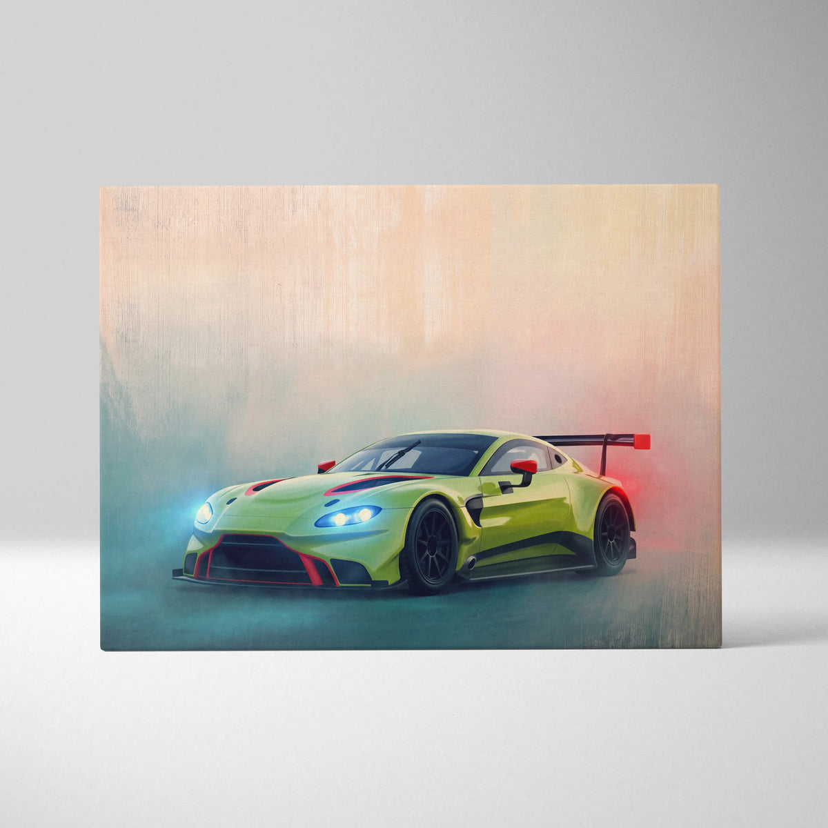 Artistic canvas art print of vibrant lime green aston martin vantage gt3 race car with red accents and rear wing