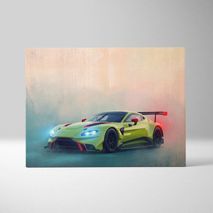 Artistic canvas art print of vibrant lime green aston martin vantage gt3 race car with red accents and rear wing