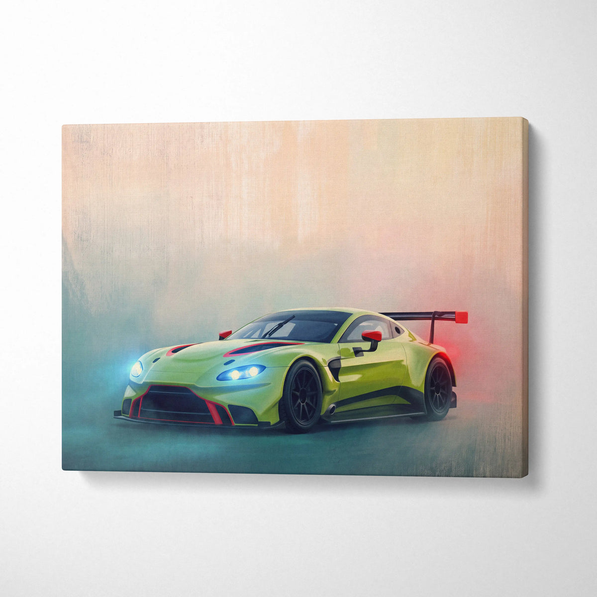 Aston Martin Vantage GT3 inspired supercar canvas art print featuring vibrant lime green race car with red accents and rear wing