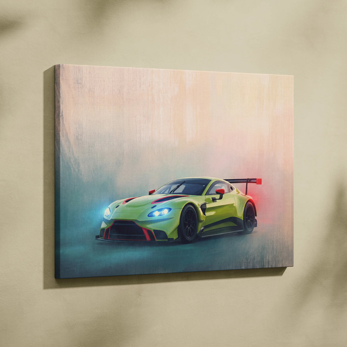 Aston Martin Vantage GT3 inspired supercar canvas art featuring vibrant lime green race car with red accents and glowing headlights