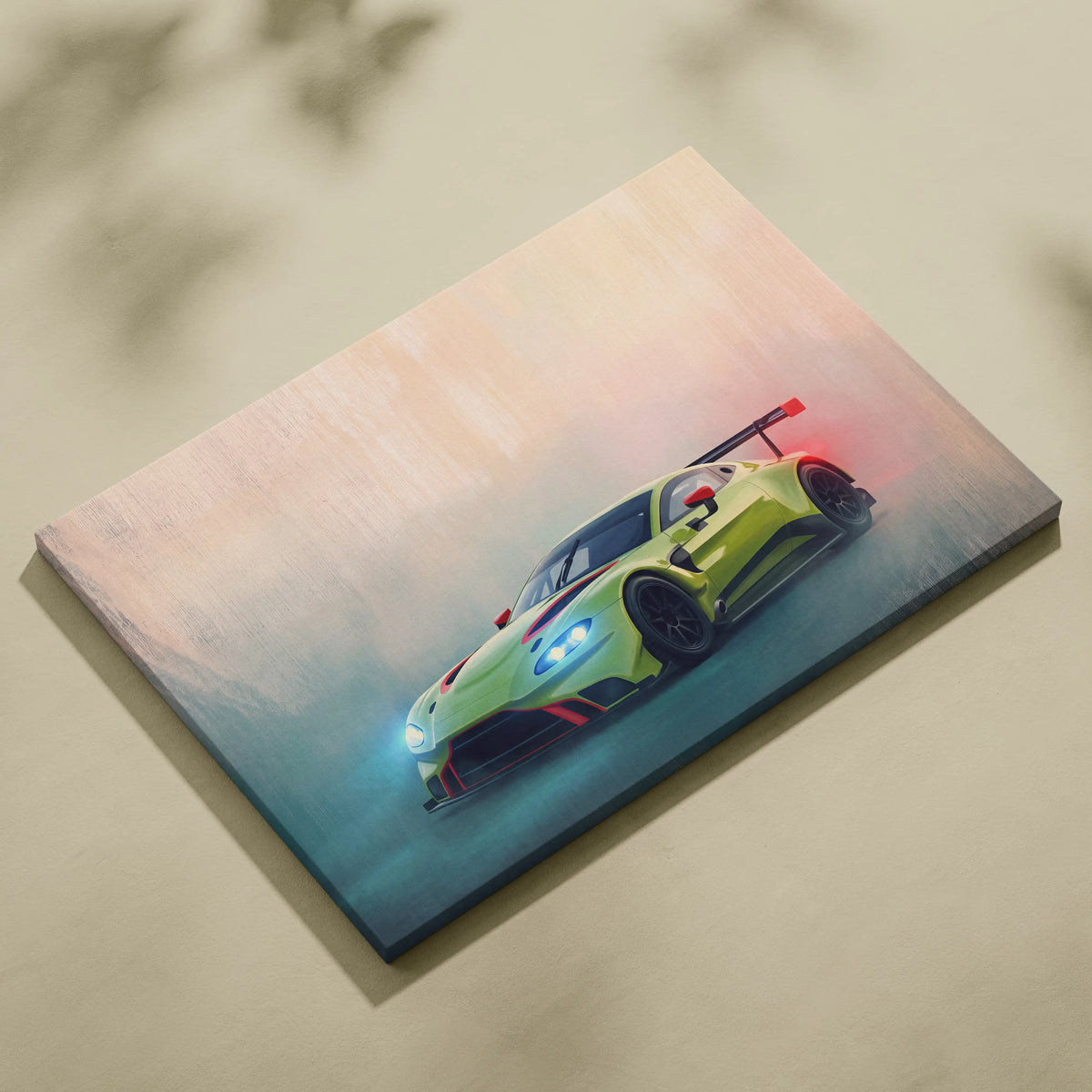Vibrant lime green and red Aston Martin Vantage GT3 canvas art with glowing headlights for custom car wall decor