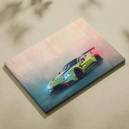 Vibrant lime green and red Aston Martin Vantage GT3 canvas art with glowing headlights for custom car wall decor