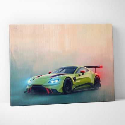 Aston martin vantage gt3 inspired supercar canvas art with vibrant lime green and red accents and glowing headlights