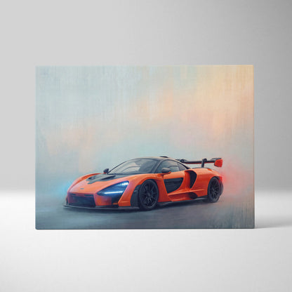 Vibrant orange McLaren Senna inspired car wall art canvas painting print featuring black accents and rear wing