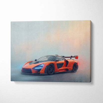 Vibrant orange mclaren senna sports car in a dynamic misty scene on stretched canvas mclaren senna inspired car wall art track edition