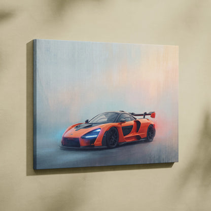 Orange mclaren senna inspired sports car wall art canvas print with black accents and glowing blue headlights