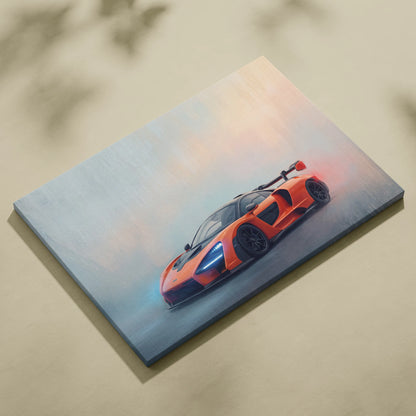 Vibrant orange McLaren Senna inspired supercar wall art on stretched canvas with sleek lines and glowing blue headlights