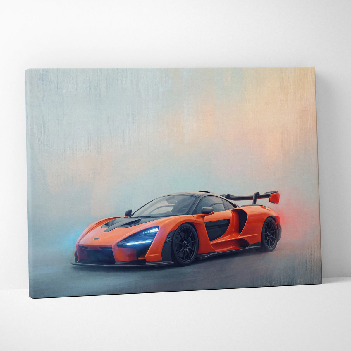 Vibrant orange McLaren Senna inspired canvas print with black accents and glowing blue headlights for wall art