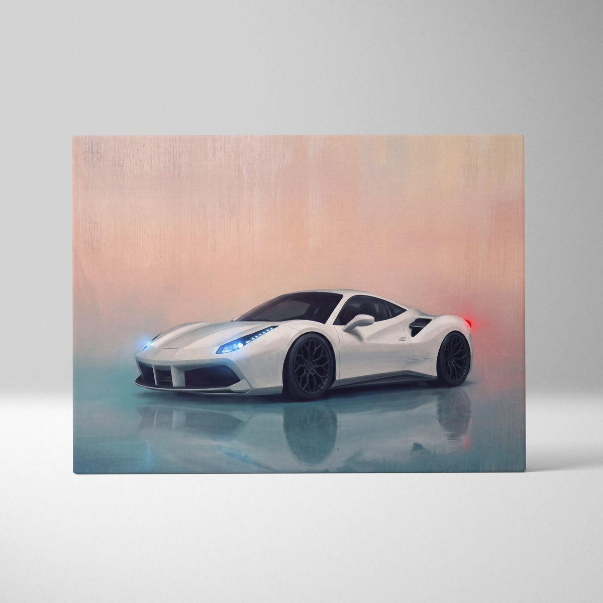 Ferrari 488 GTB inspired canvas wall art featuring a white sports car with black rims and glowing blue headlights