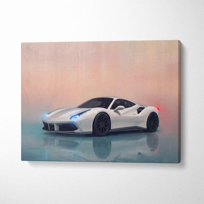 White ferrari 488 gtb sports car canvas print with sleek aerodynamic design and glowing blue headlights wall art