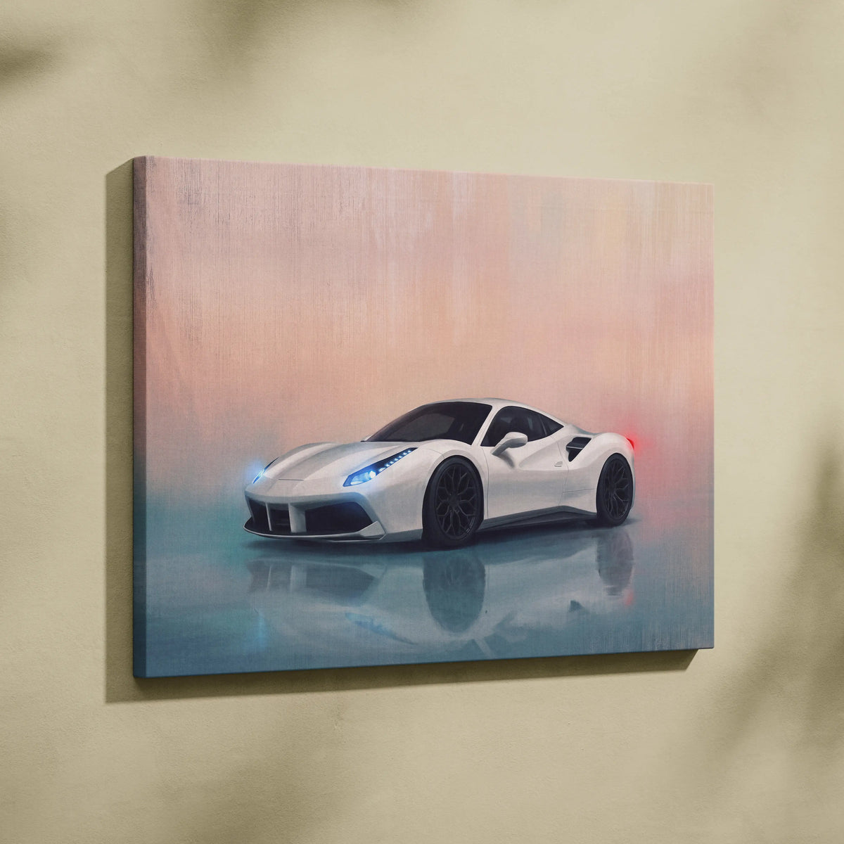 Ferrari 488 GTB inspired white sports car canvas wall art with glowing blue headlights on pink teal gradient background