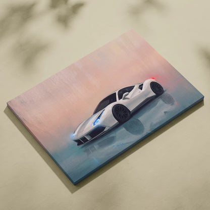 White Ferrari 488 GTB inspired sports car canvas print with glowing blue headlights on pink and teal gradient background