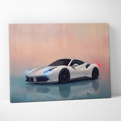 Ferrari 488 GTB inspired automotive wall art featuring white sports car painting with glowing blue headlights on canvas