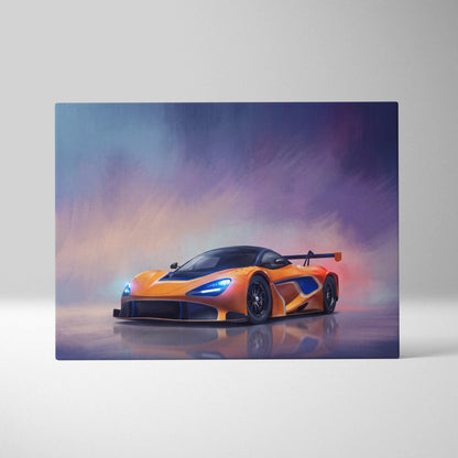 McLaren 720S GT3 inspired canvas art featuring vibrant orange race car with blue stripes against purple pink sky