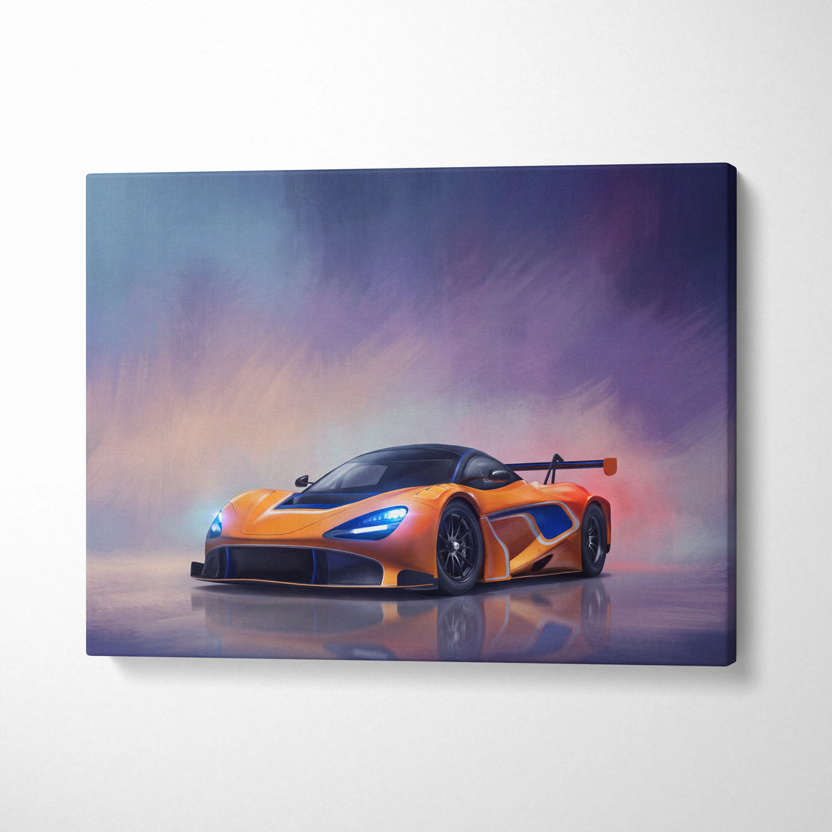Vibrant orange and blue McLaren 720S GT3 inspired canvas art premium automotive wall decor print on canvas