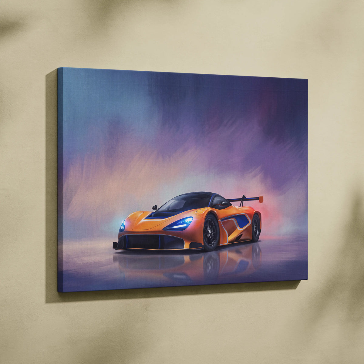 Orange McLaren 720S GT3 inspired canvas print with blue and black accents premium automotive wall decor
