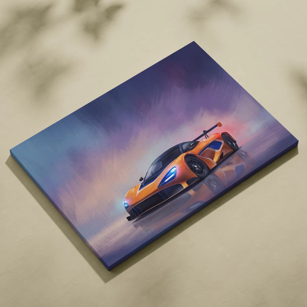 Vibrant orange McLaren 720S GT3 inspired canvas art with dynamic purple and blue background premium wall decor