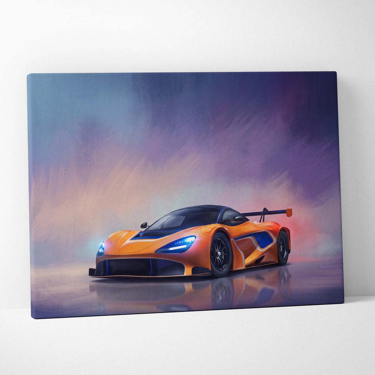 Vibrant orange and blue McLaren 720S GT3 inspired canvas art premium automotive wall decor print