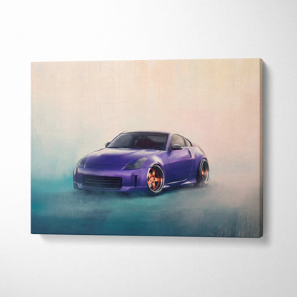 Purple Nissan 350z sports car canvas print featuring copper-colored rims for automotive wall art decoration