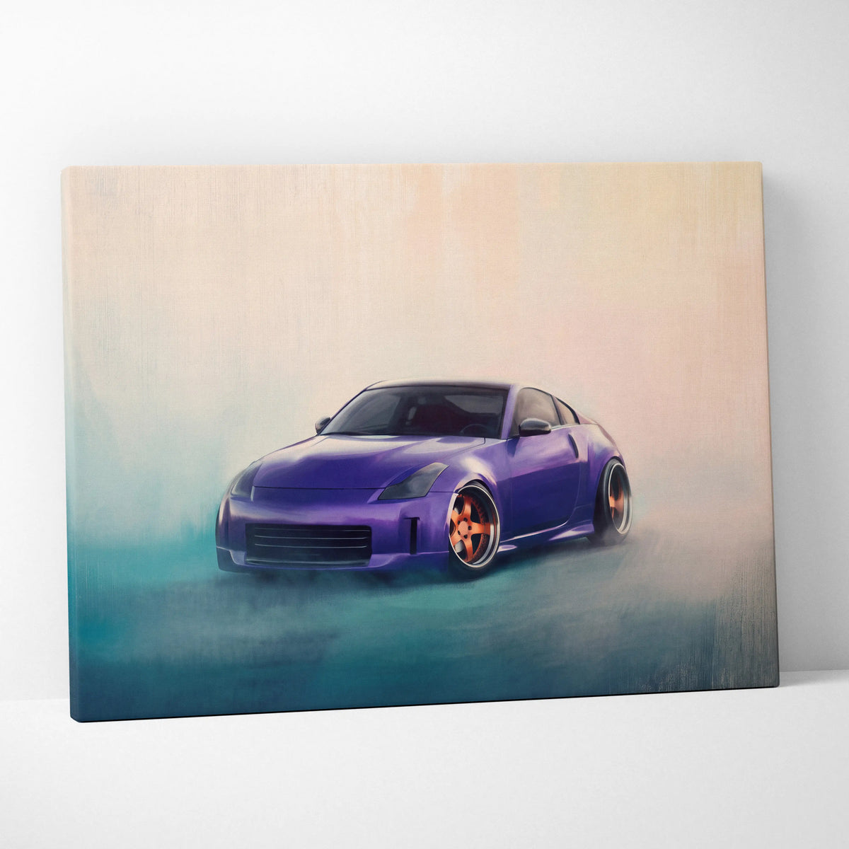 Nissan 350Z inspired automotive wall art featuring a purple sports car with orange alloy wheels on canvas