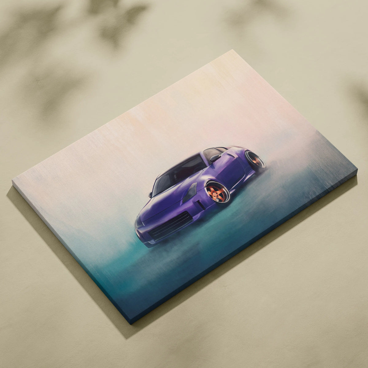 Nissan 350z inspired purple jdm sports car canvas painting featuring sleek low-profile design with custom alloy wheels