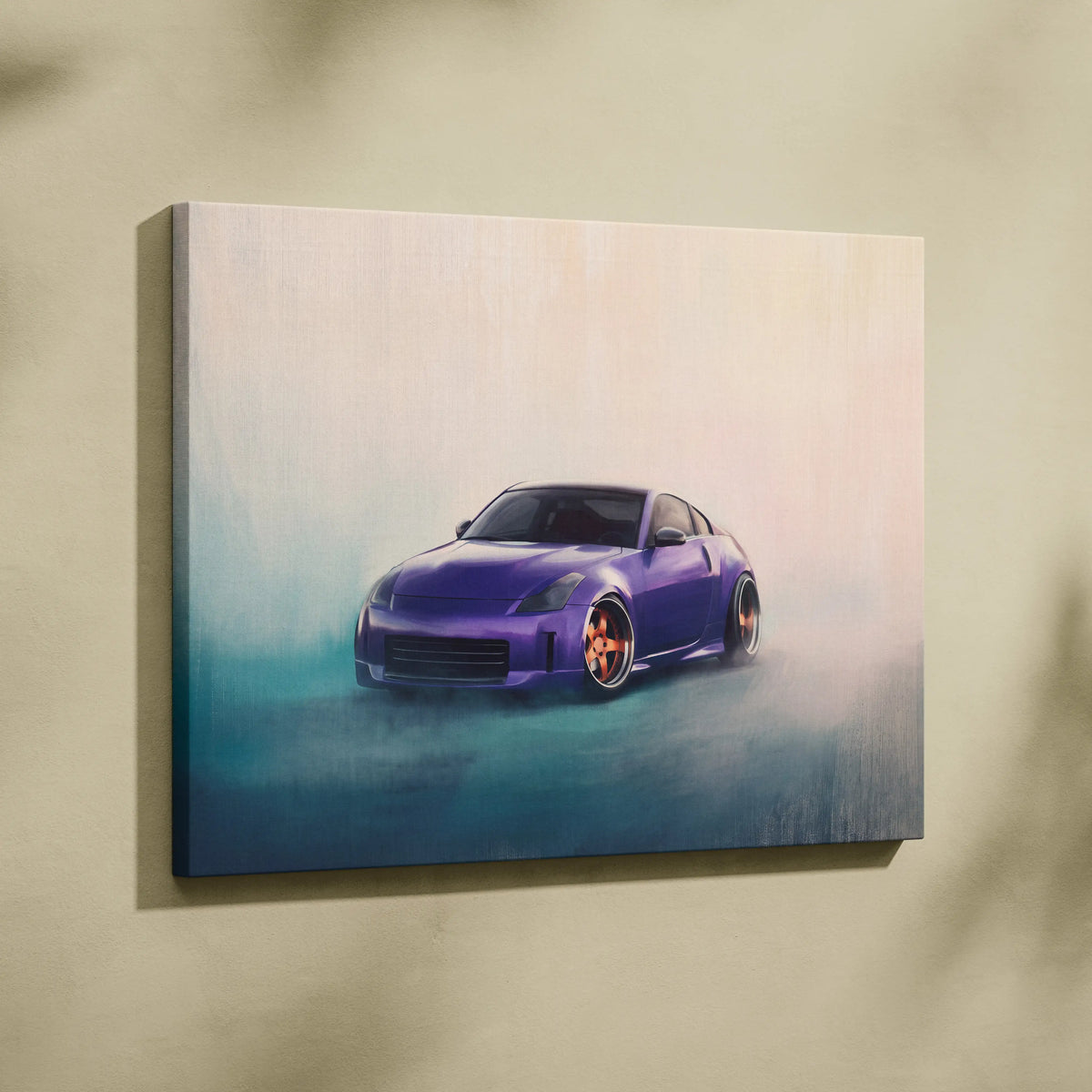 Purple Nissan 350Z sports car canvas print with orange rims and misty gradient background for automotive wall art