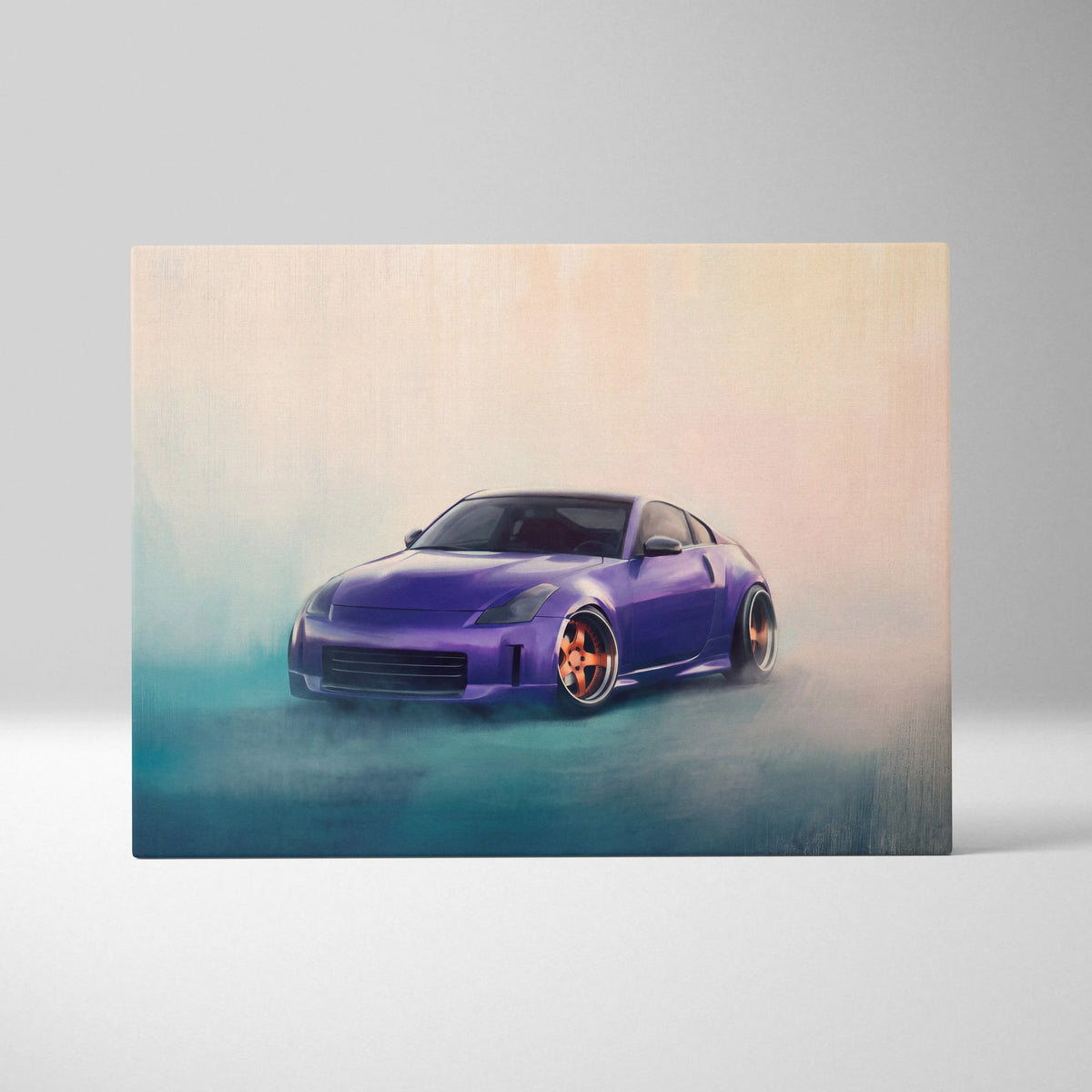 Nissan 350z inspired automotive wall art featuring a vibrant purple jdm sports car with orange alloy wheels canvas painting