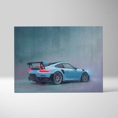 A sleek light blue porsche 911 gt2 rs inspired canvas art showing the rear three-quarter view with carbon fiber wing