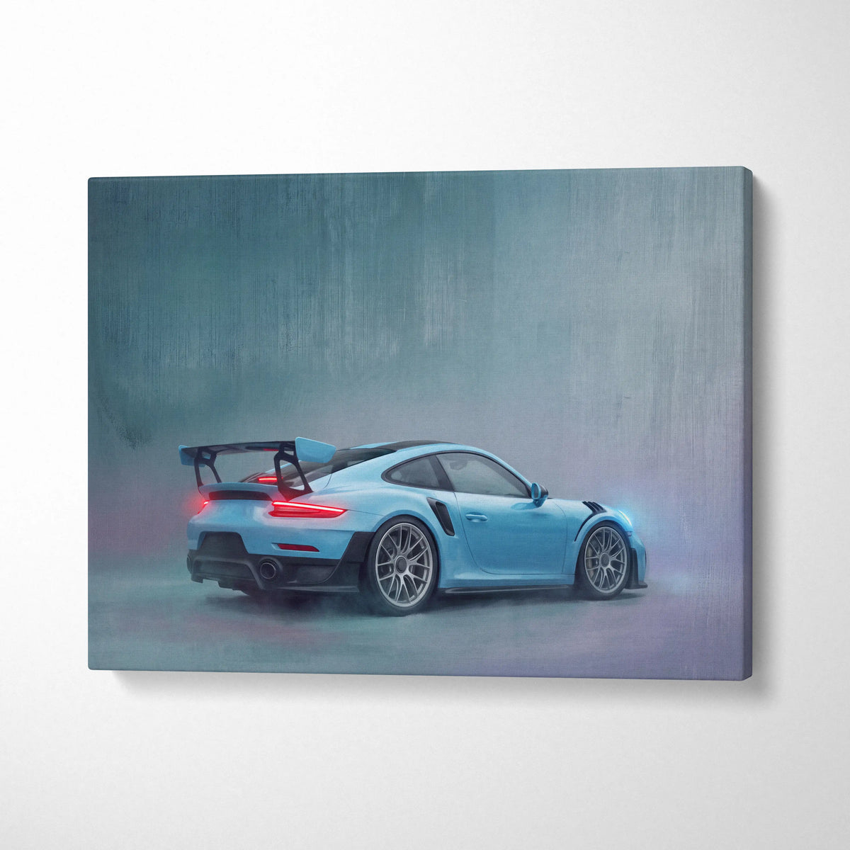 Light blue Porsche 911 GT2 RS inspired canvas art with sleek design black racing stripes and glowing red taillights wall decor