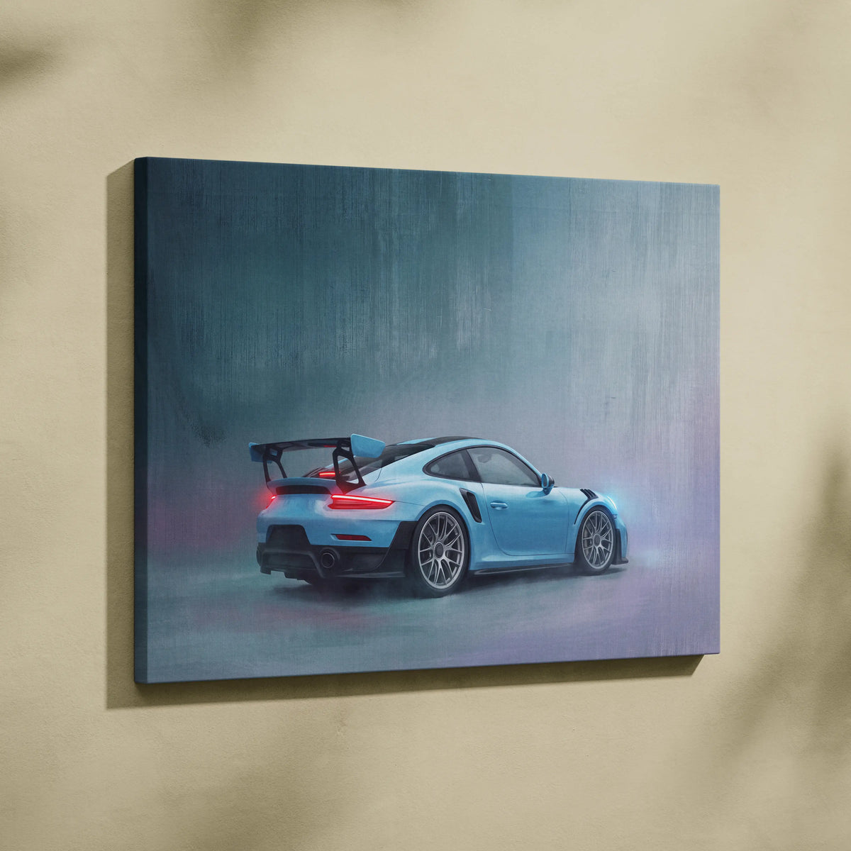A vibrant light blue porsche 911 gt3 rs sports car on a stretched canvas print for premium automotive wall decor