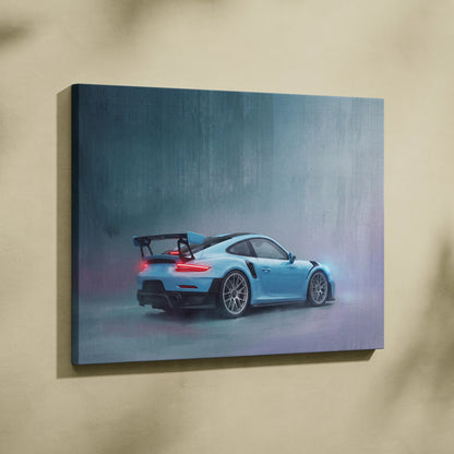 A vibrant light blue porsche 911 gt3 rs sports car on a stretched canvas print for premium automotive wall decor