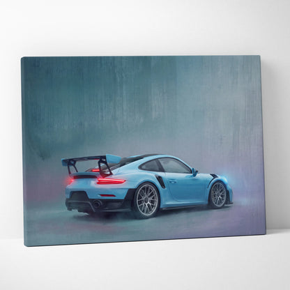 Light blue porsche 911 gt3 rs canvas print featuring black racing stripes and glowing red taillights for wall decor