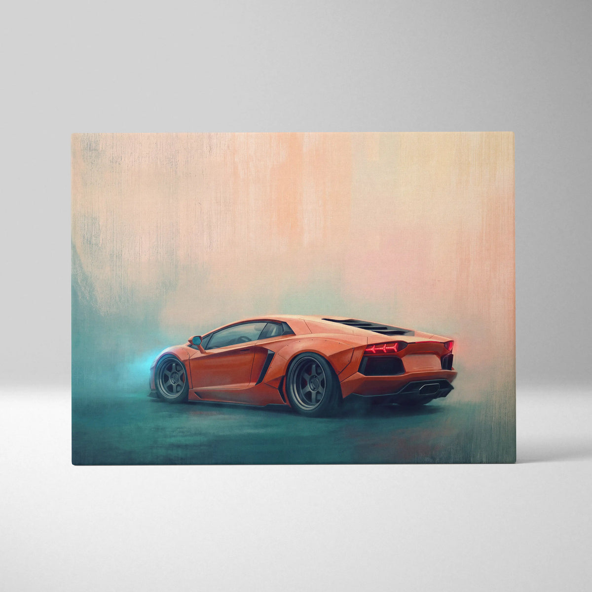 Lamborghini aventador inspired car wall art featuring vibrant orange sports car with blue and red glowing accents on canvas print