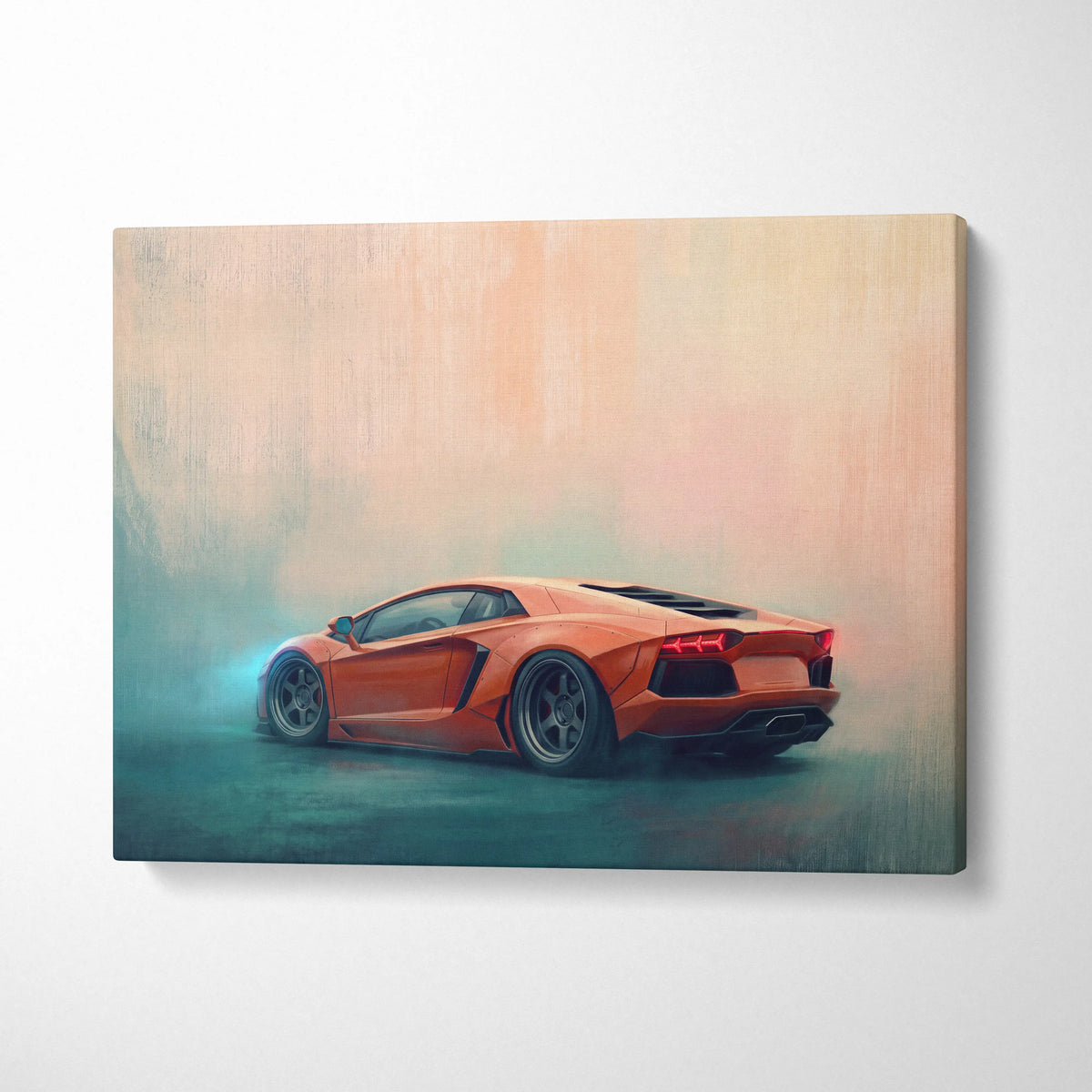 Lamborghini Aventador inspired car wall art canvas print featuring an orange sports car with glowing red taillights